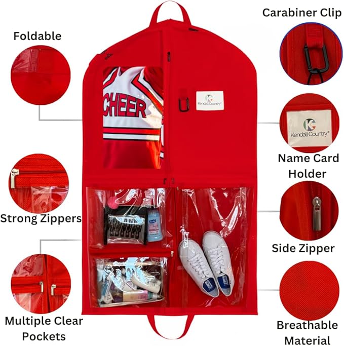 Waterproof Hanging Garment Bag 40 inch Clothes Bag with Gusset, 5 Pockets Side Zip for Dance Costumes Sports Skating Theatre Pageants Cheer Cosplay Kendall Country (Candy Apple Red, 40 inch)