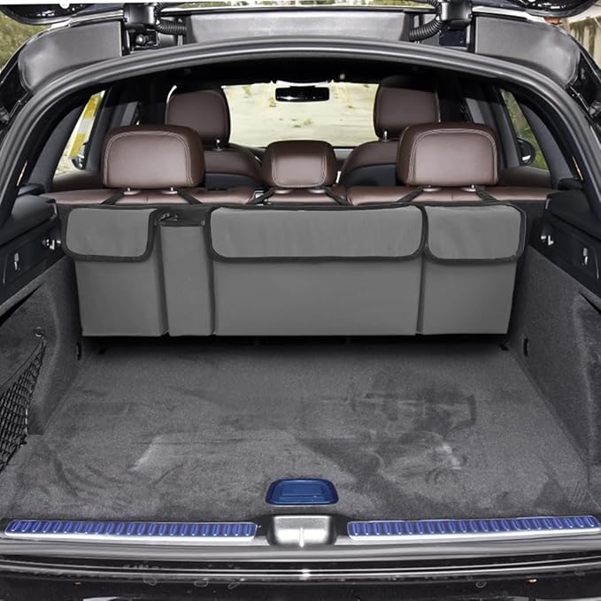 AUCELI Car Trunk Organizer, Backseat Hanging Large Storage with Adjustable Straps, Waterproof Collapsible Cargo Bag with 4 Pockets, Sturdy Space Saver Frees Trunk Floor for SUV, Truck, MPV
