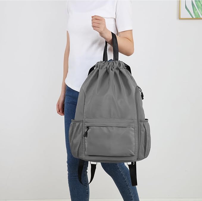 Valleycomfy Waterproof Drawstring Gym Backpack Bag for Men & Women,Sports Gym Bag with Side Pocket Dark Grey