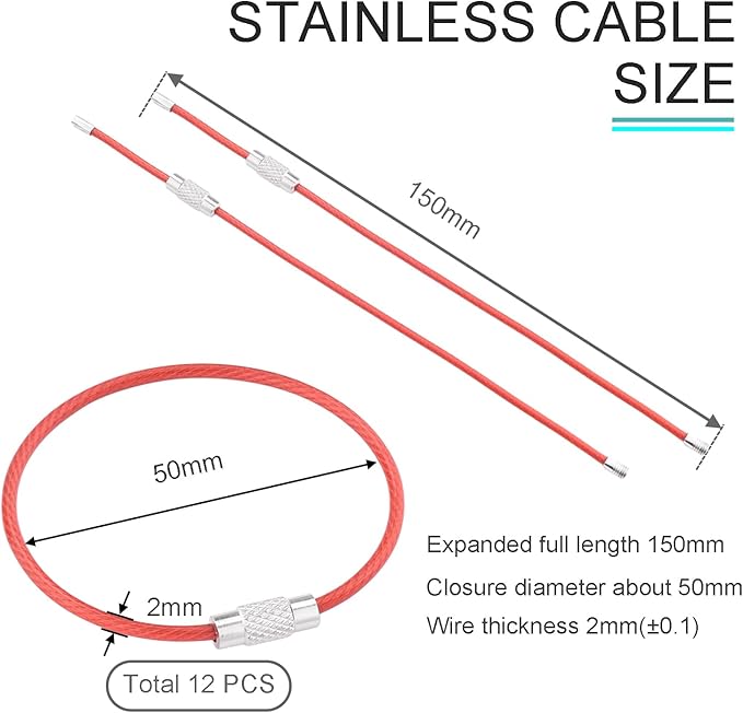 CooBigo 12 Pack Stainless Steel Loops 2mm Coated Wire Keychain Cable Large Key Rings 6 inch Key Chain for Women, Luggage Tags, Key Tags, Keyrings, Kitchen Utensils, Duster - Red