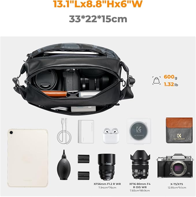 K&F CONCEPT Camera Sling Bag Crossbody Bag Waterproof Camera Shoulder Backpack DSLR/SLR/Mirrorless Camera Case