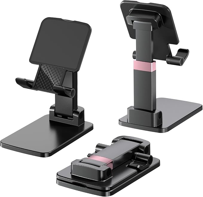 Phone Holder for Desk Cell Phone Holder Height Angle Adjustable Stands, Anti-Slip Base, Compact Design for iPhone Android Devices,White&Black,2Pack