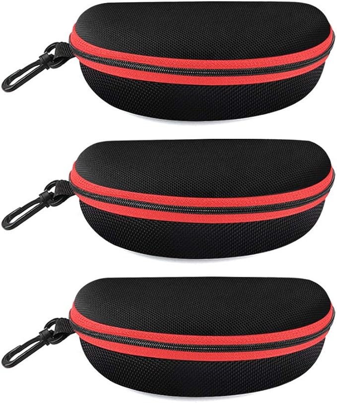 3 Pack Zipper Shell Eyeglasses and Sunglasses Case with Plastic Carabiner Hook