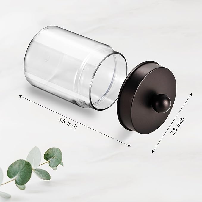 Amolliar Farmhouse Decor Qtip Holder Dispenser for Cotton Swabs,Balls, Cotton Pads, Floss - Clear Plastic Apothecary Jar for Bathroom Canister Storage, Vanity Countertop Makeup Organizer-Bronze (2)