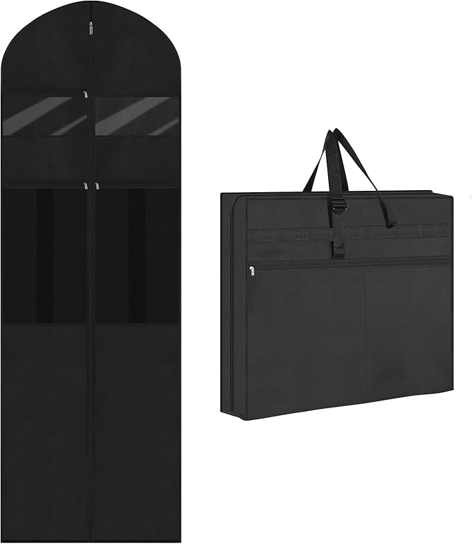 Wedding Dress Garment Bag,72’ Tri-Fold Bridal Gown Bag with 6 Pouches and Adjustable Buckle Gown Cover for Wedding/Prom/Travel/Closet Storage (Black)