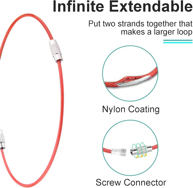 CooBigo 12 Pack Stainless Steel Loops 2mm Coated Wire Keychain Cable Large Key Rings 6 inch Key Chain for Women, Luggage Tags, Key Tags, Keyrings, Kitchen Utensils, Duster - Red