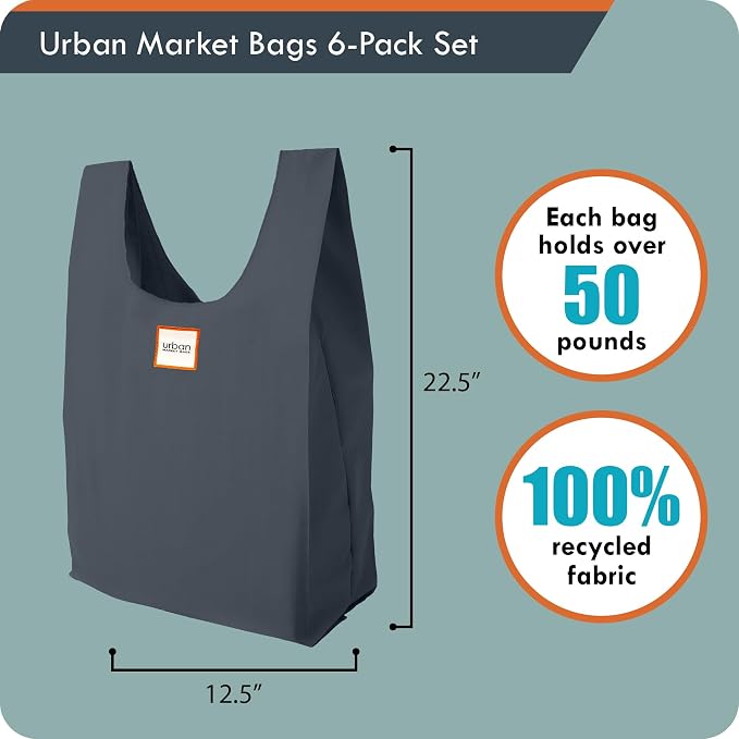 Urban Market Bags - Galaxy -6 Foldable Reusable Shopping Bags in 1 Compact Pouch, Luxury Quality, Recycled Fabric, Holds 50+ lbs, Machine Washable, Pouch Fits in Cupholder, Designed in California