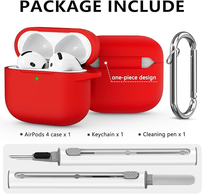 Ljusmicker for AirPods 4 Case 2024 with Cleaner Kit,Soft Silicone Protective Cover for Apple AirPods 4th Generation Cases for Women Men,for AirPod 4 Case Accessories with Keychain-Deep Red