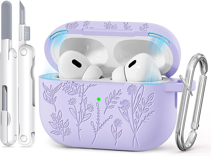 for AirPods Pro 2 Case with Magnetic Lid, Ekoonpft Flower Engraved Silicone Case for Apple AirPods Pro 2nd/1st Generation (2023/2022/2019) Cover with Cleaning Kit & Keychain