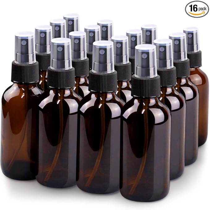 Wedama Spray Bottle, 4 oz Fine Mist Glass Spray Bottles, Little Refillable Liquid Containers for Watering Flowers Cleaning (16 Pack, Amber)
