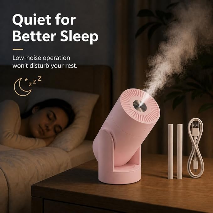 Portable Mini Humidifier, 2 Mist Modes, 220ml Cool Mist Rotation Humidifiers, USB Personal Desktop Humidifier for Bedroom, Office, Travel, Car, Colorful, Quiet Operation, Pink