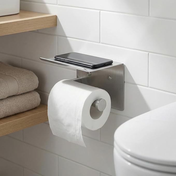 Toilet Paper Holder with Shelf, Heavy-Duty Stainless Steel Bathroom Hardware, Self-Adhesive No-Drill/Drill-Mount Wall-Mounted Roll Holder, Rust-Proof Bathroom Tissue Rack(Brushed Nickel)