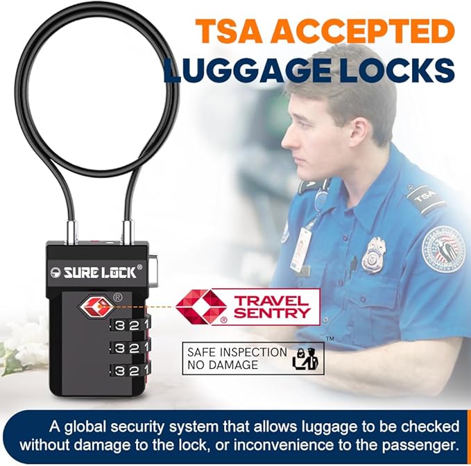 SURE LOCK TSA Approved Luggage Locks with Open Alert Indicator, 3 Digit Combination Cable Travel Lock for Suitcase, Backpack, Gym Locker, Toolbox, Carry On & Travel Bag