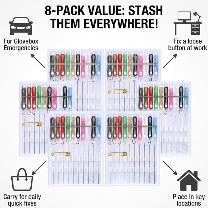 Mini Sewing Kit, 80 Pieces in 8 Compact Cases with Pre-Threaded Needles, Assorted Color Threads, Safety Pin, Shirt Buttons, Portable Travel Emergency Repair Kit for Home, Hotel, Business Trip
