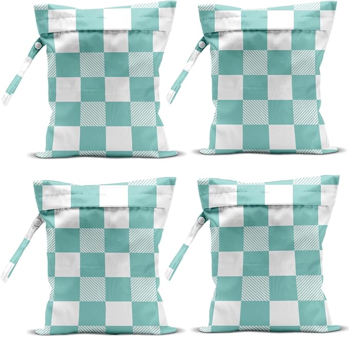 Wet Bag, 4Pcs Wet Dry Bag Set, Reusable Waterproof Bags with Mint Checkerboard Prints for Women, Ideal for Beach Vacations, Pool Days, Travel & Daily Essentials Storage