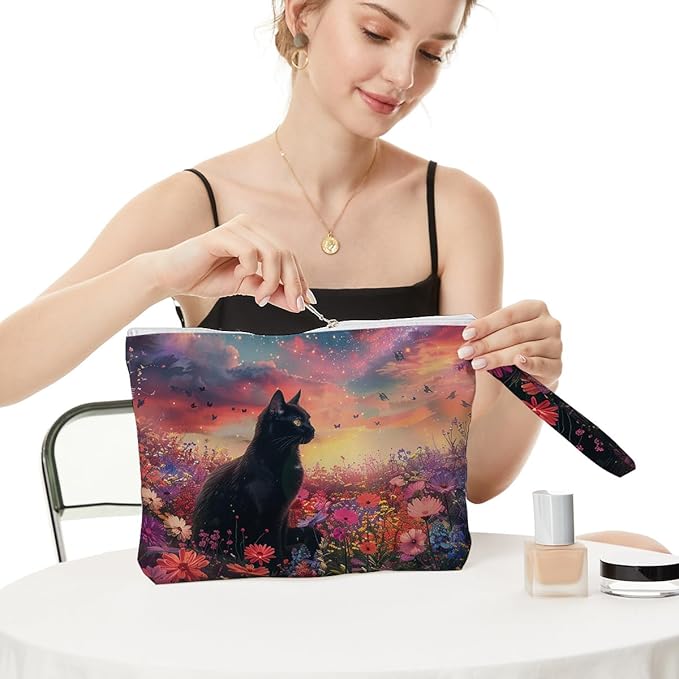 Fokongna Black Cat Print Wet Bag, Small Portable Waterproof Multi-Functional Organizer for Women, Sunset Galaxy Floral Black Cat, Ideal for Daily, Beach & Travel