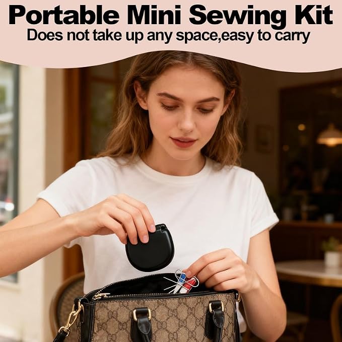 Reroon 2 Pack Mini Travel Sewing Kit for Adult & Kid | Portable Sewing Box Kit Bulk | Small Emergency Repair Set with Thread Scissors Needle for Travel, Beginner DIY Handcraft | Black + Pink