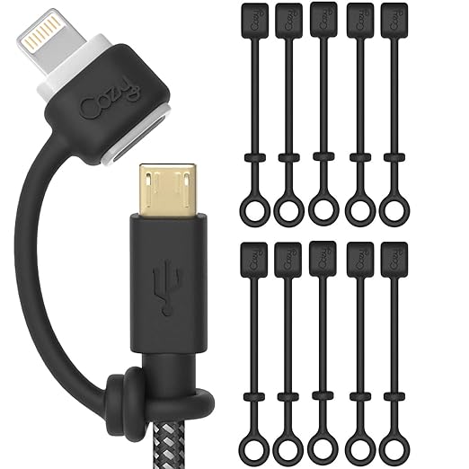 Cozy [10-Pack Silicone Charging Cable Keeper and Adapter Tether - Compatible with Micro USB and Apple Pencil Charging Components - Secure Black Cord Holders for Keychain, Car, and Travel