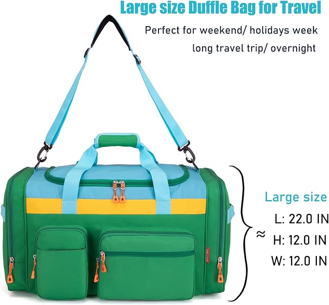 Large Kids Duffle Bag for Travel, Overnight, or Weekender, 22" inch (Green Yellow)