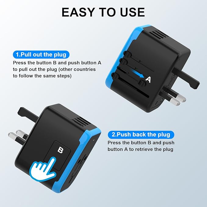 Universal International Power Travel Plug Adapter, 5 in 1 European Travel Plug Adapter W/ 3.5A 2xUSB-A and 2xUSB C Wall Charger and Worldwide AC Outlet for Europe USA UK AUS Asia