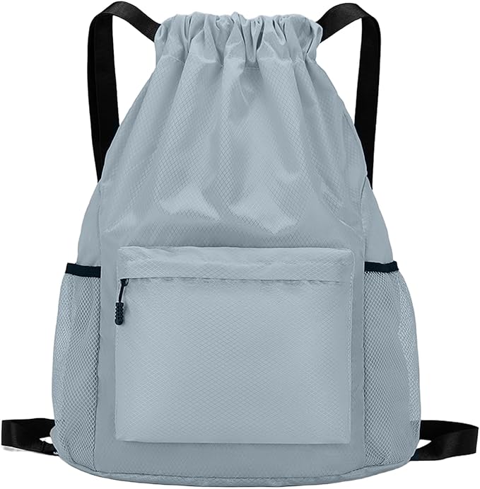 Tygelluis Drawstring Backpack, Waterproof Gym Bag with Water Bottle Pocket for Women Men, Pull String Sport Bag for Swim, Soccer and Basketball, Light Gray