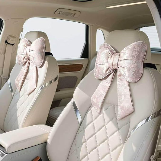2 Pack Bow Car Headrest Pillow Comfortable Soft Plush Head Rest Cushion, Neck Pillow for Driving Office Use and Car Interior Decoration (Pink SJK)