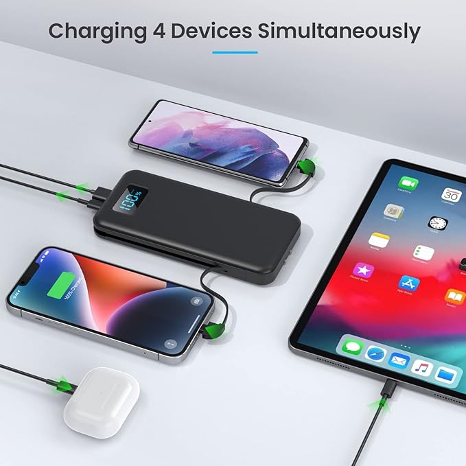 Portable Charger for iPhone with Built-in Cables and Wall Plug,Upgraded 13800mAh Fast Charging USB C Power Bank,4 Outputs Slim Travel Essential Battery Pack for iPhone 17/16/15/14/13,Galaxy,Android