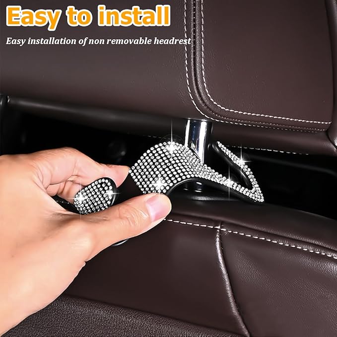 Zpana 4PCS Bling Car Seat Headrest Hooks, Vehicle Back Seat Purse Handbag Hanging Holder with Crystal Rhinestone, Diamond Storage Organizer Hook, Universal Automotive Accessories (Purple)
