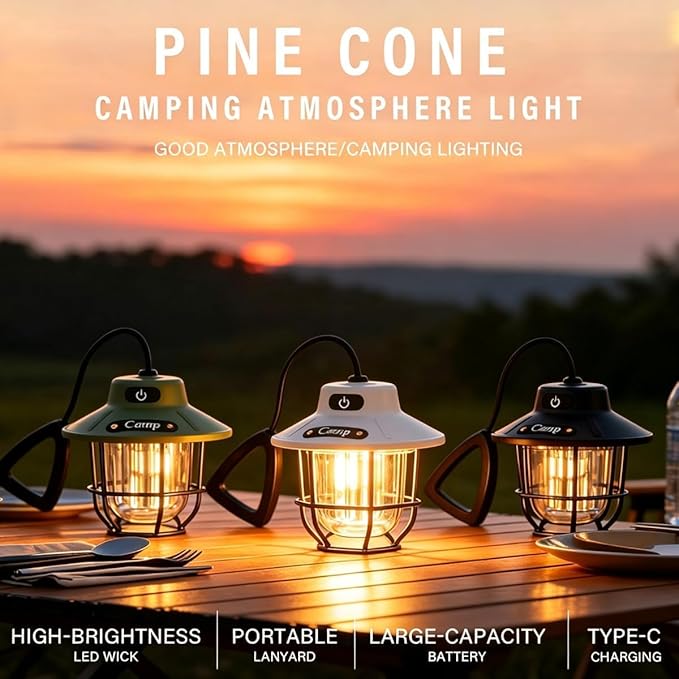 Camping Lantern Rechargeable, Camping Lantern 1200LM 3 Brightness, Adjustable Brightness, Portable LED Camping Tent Light, Rustic Lantern Decor, Camping Tent Lamp, Camping Essentials for Home(2 Pack)