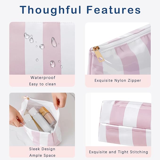 Large PVC Waterproof Striped Makeup Bag,Clear Coated Cosmetic Bags,Easy to Clean,Travel Organizer Zipper Pouch Beach Vacation Essentials for Women Girls(02Beige)