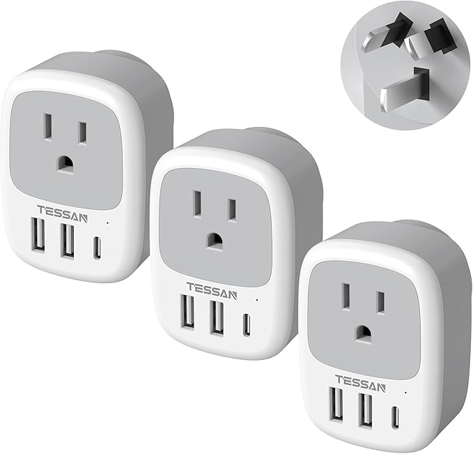 Australia New Zealand Power Adapter 3 Pack, TESSAN Type I Travel Adaptor with 3 USB Charger (1 USB C Port) for US to Australian Argentina China Fiji Cook Islands