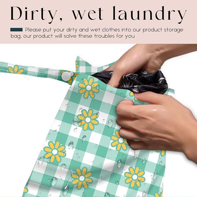 Wet Bag, Wet Dry Bag, Waterproof Swim Bags, Machine Washable Reusable Bags for Beach, Pool, Diapers, and Dirty Yoga Gym Clothes(Little Daisy & Green Gingham Design)