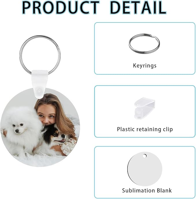 UJL 120pcs Sublimation Keychain Blanks With Rings Clips MDF Keychains Blanks Double Sides Blank Keychains Rectangle Round