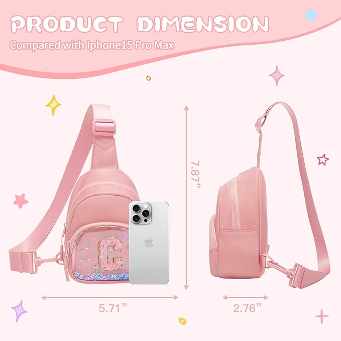 Viverte Birthday Gifts for Girls Small Clear Initial Sling Bag Crossbody Bag Purse Fanny Packs Personalized Monogrammed Gifts for Girls (Light Pink-C)