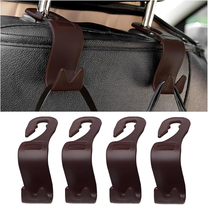 Car Seat Headrest Hook, 4PCS Vehicle Seat Back Storage Hanger for Handbag Purse Grocery, Automotive Interior Organization Holder Hook, Universal for SUV, Truck, RV (Brown)