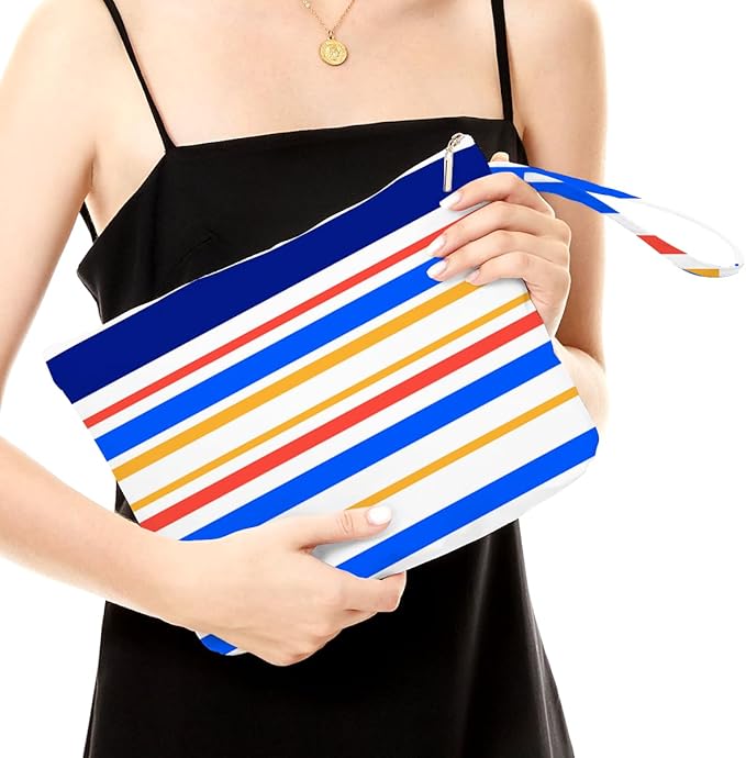 Fokongna Cute Print Wet Bag, Small Portable Waterproof Multi-Functional Organizer for Women, Navy Blue Primary Color Stripe, Ideal for Daily, Beach & Travel