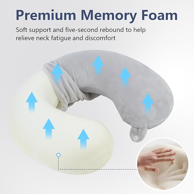 Travel Pillow, Memory Foam Neck Pillow for Traveling, U Shape Airplane Portable Flight Pillow Adult Travel Neck Pillow for Plane Train Car Home Office - Grey