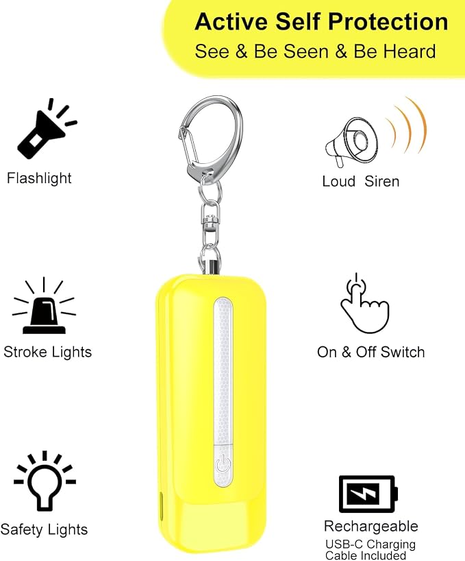 Personal Alarm for Women, Rechargeable with Safety Lights & Low Battery Notice, 130dB Siren with Extra Bright LED Flashlight Strobe Light for Emergency, Dual Light Sources Safety Keychain