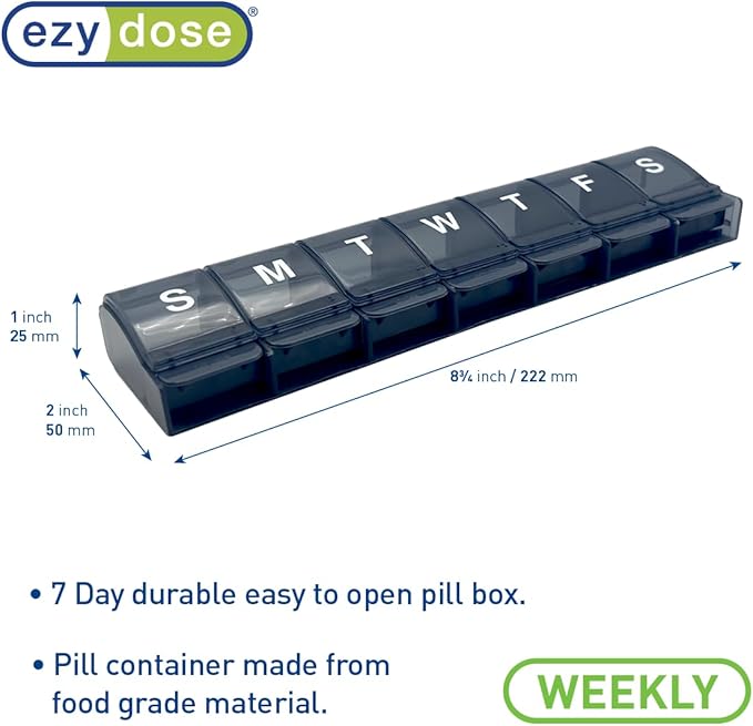 EZY DOSE Weekly (7-Day) Pill Case, Medicine Planner, Daily Vitamin Organizer Box, X-Large Push-Button Compartments, Convenient and Easy to Use, Arthritis Friendly, Transparent Lids, Black, BPA Free