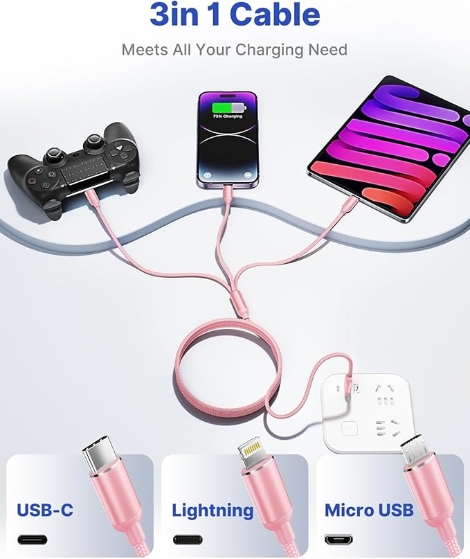Aioneus Multi Charging Cable, 2Pack 4FT Multi Charger Cable Universal 3 in 1 Charging Cord Nylon Braided Multiple USB Adapter with Type-C, Micro USB Port Connectors for Cell Phones and More (Pink)