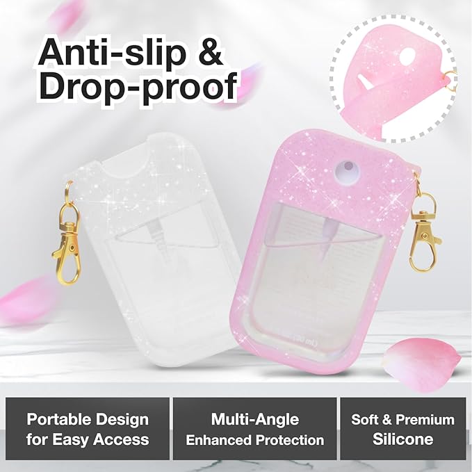 2PCS Silicone Glitter Case for Touchland Power Mist (1FL. OZ./30 mL), Protective and Stylish Case with Keychain Compatible with Touchland Hand Sanitizer Spray (2P-Glitter Pink/Glitter White)