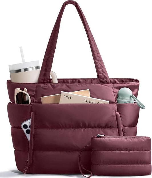 Bagstellar Puffer Tote Bag for Women, Lightweight Puffy Work Handbag Teacher Nurse Quilted Shoulder Bag for School Travel Gym | Cloud Bag w/ Zipper