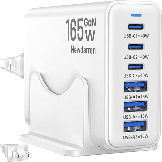 165W GaN USB C Charging Station, 6-Port Desktop Charger [3 USB-C PD + 3 USB-A], Multi-Device Fast Charger with 5 ft Cord for iPad iPhone 17/16/15, Samsung Galaxy, Tablets, Home Office Travel White