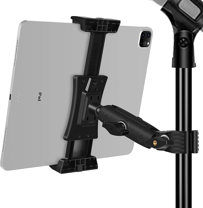 Ipad Holder for Mic Stand, Tablet Phone Holder Micophone Music Stand Mount Adjustable Rotatabe with Super Handle Clamp for iPad Pro 12.9 Air Mini, Android, 4 to 13.5inch iPhones and Tablets