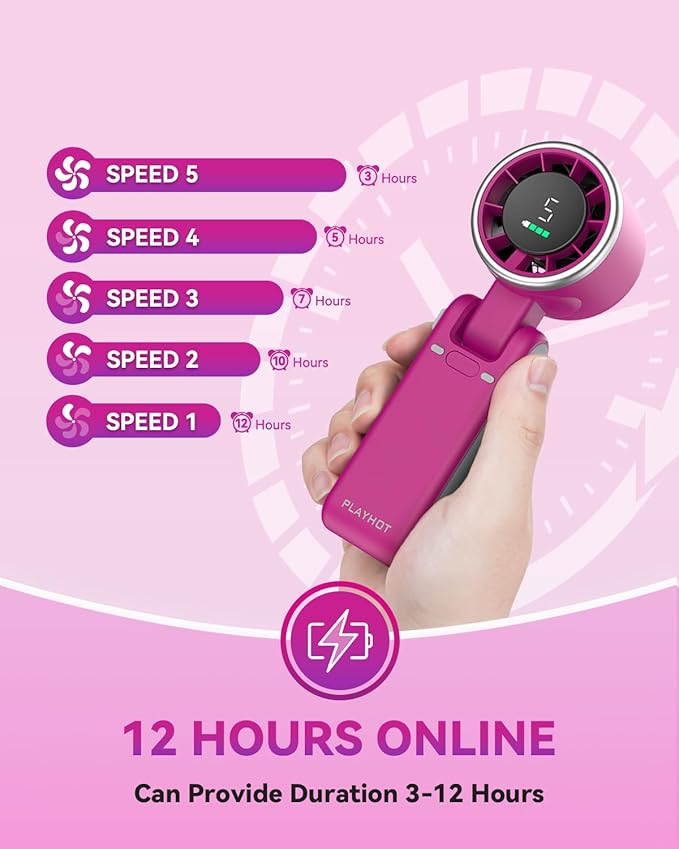 PlayHot Portable Handheld Turbo Fan, 5-Speed Personal Fan, USB-C Rechargeable Fan Up to 12 Hours, 3 IN 1 Hand Fan with Air Turbo Tech Cooling, Travel Fan for Cruise, Beach, Gifts for Women (Magenta)