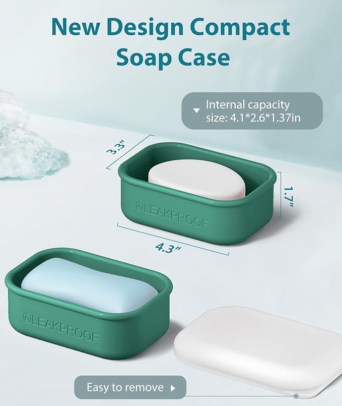 Quatish Compact Leakproof Travel Soap Case, Silicone Soap Box with Draining Layer, Enhanced Soap Container, Suitable for Camping, Gym, Bathroom, Outdoor Essentials, Green