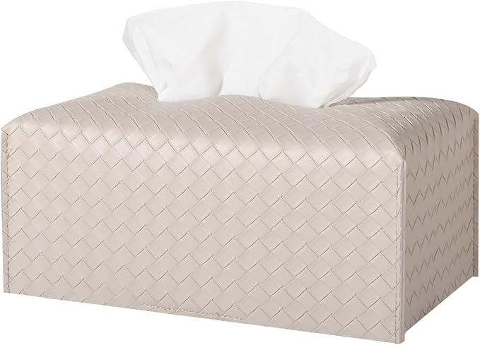 Tissue Box Cover PU Leather Tissue Holder Square Facial Tissue Case Facial Paper Organizer Dispenser for Bathroom, Vanity Countertop, Tabletop, Car, Rectangle, Griege