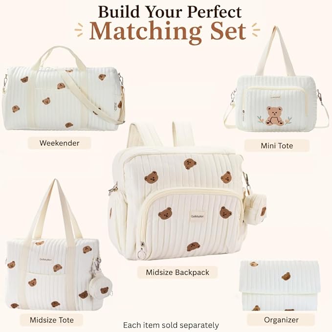 GOBABYMART Diaper Bag Backpack, Medium Maternity baby bag & Changing Pad, Insulated Pockets, Stroller Straps & Pacifier Case (Medium - Beige Bears)