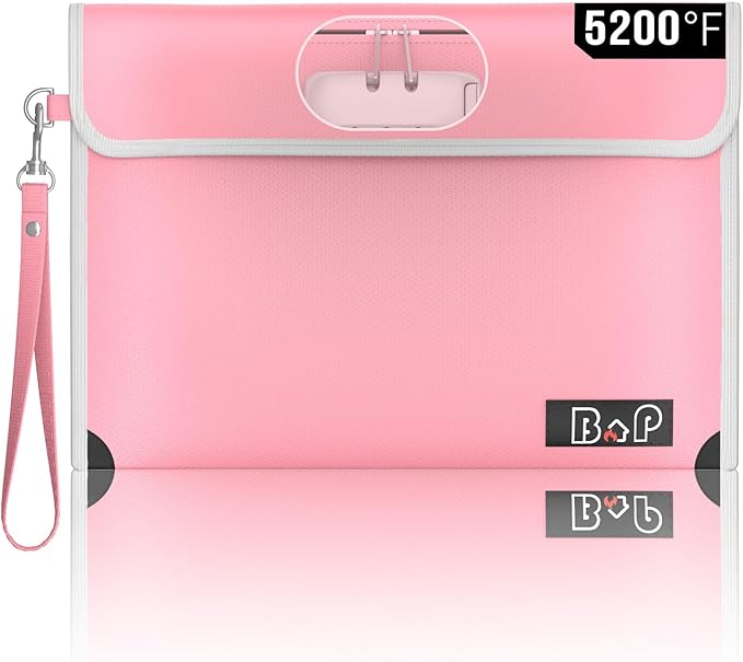 BALAPERI Fireproof Document Bag with Lock - 5200°F Heat Insulated, Water Fire Proof Bag with Zipper, Fireproof Money Bag for Cash, A5 Size Documents, Passport and Valuables, 11”X 7.7”(Pink)