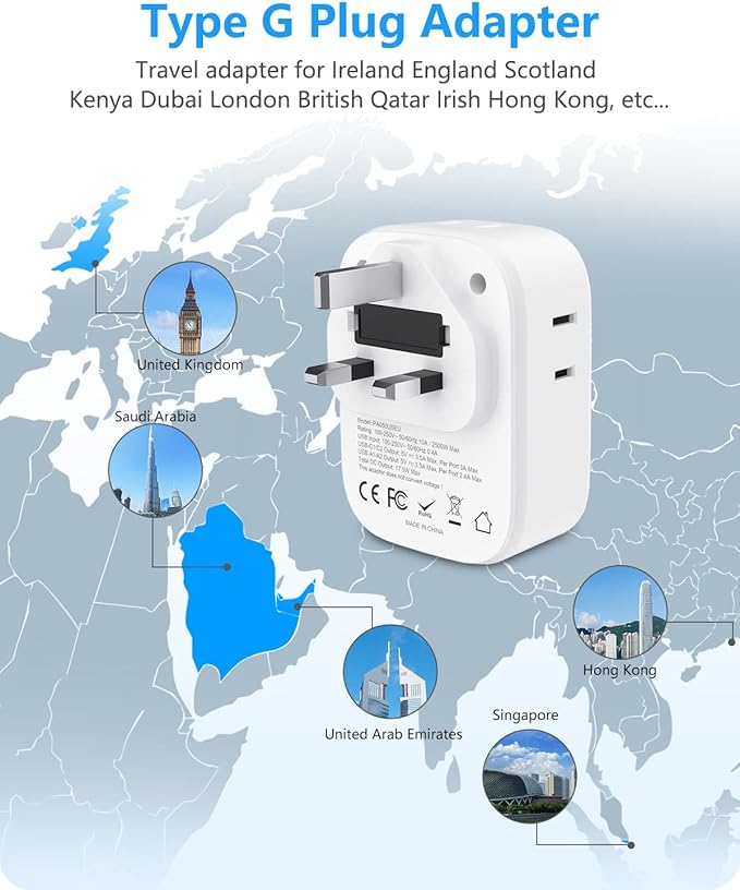 LENCENT 3 Pack US to UK Ireland Travel Plug Adapter,Grounded Type G Adapter For Travel with 4 Outlets 4 USB Ports (2 USB C), Power Plug for USA to Dubai Scotland British London England Hong Kong